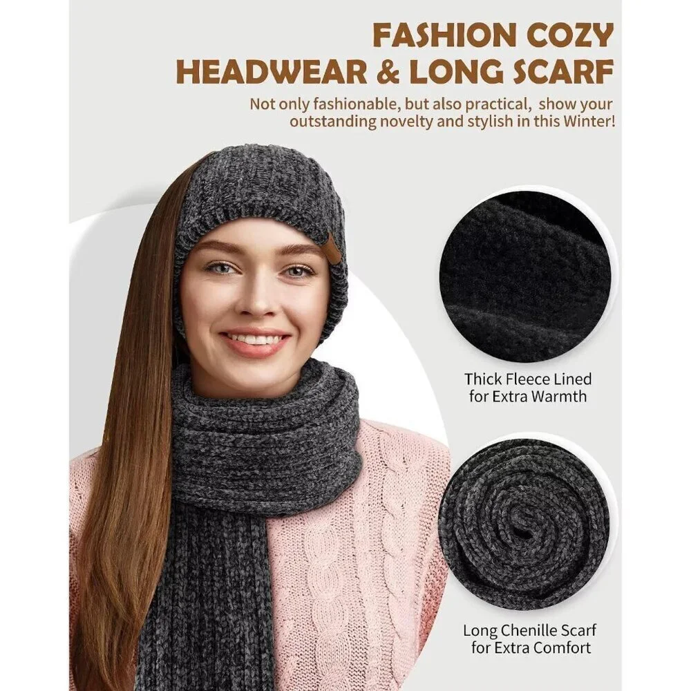 Women Winter Hat Scarf Gloves Headband Set Fleece Lined Knit Accessory